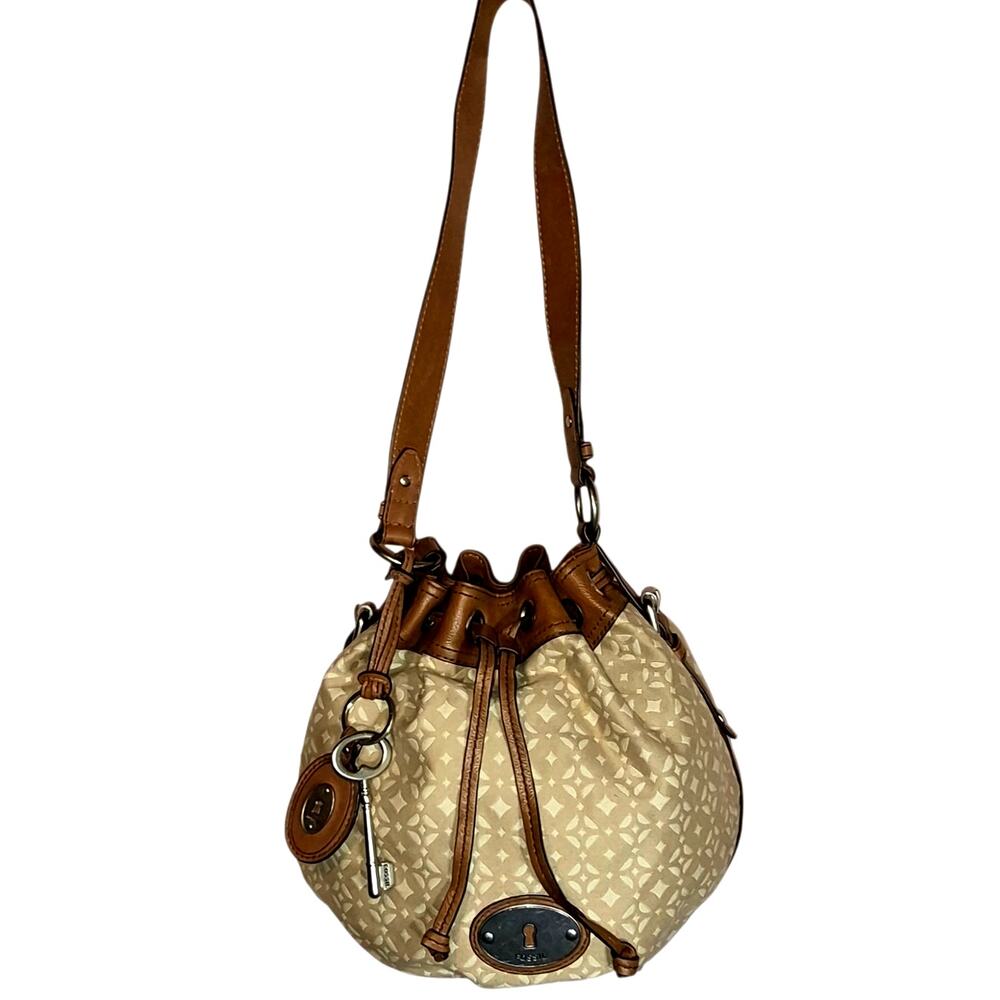 Vintage Fossil Maddox Canvas and Leather Bucket Drawstring Shoulder Bag Logo Key